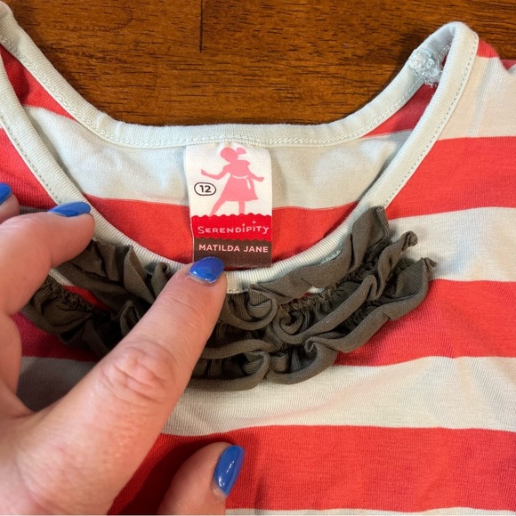 Matilda, Jane red coral blue striped dress olive trim size 12 - Picture 2 of 7